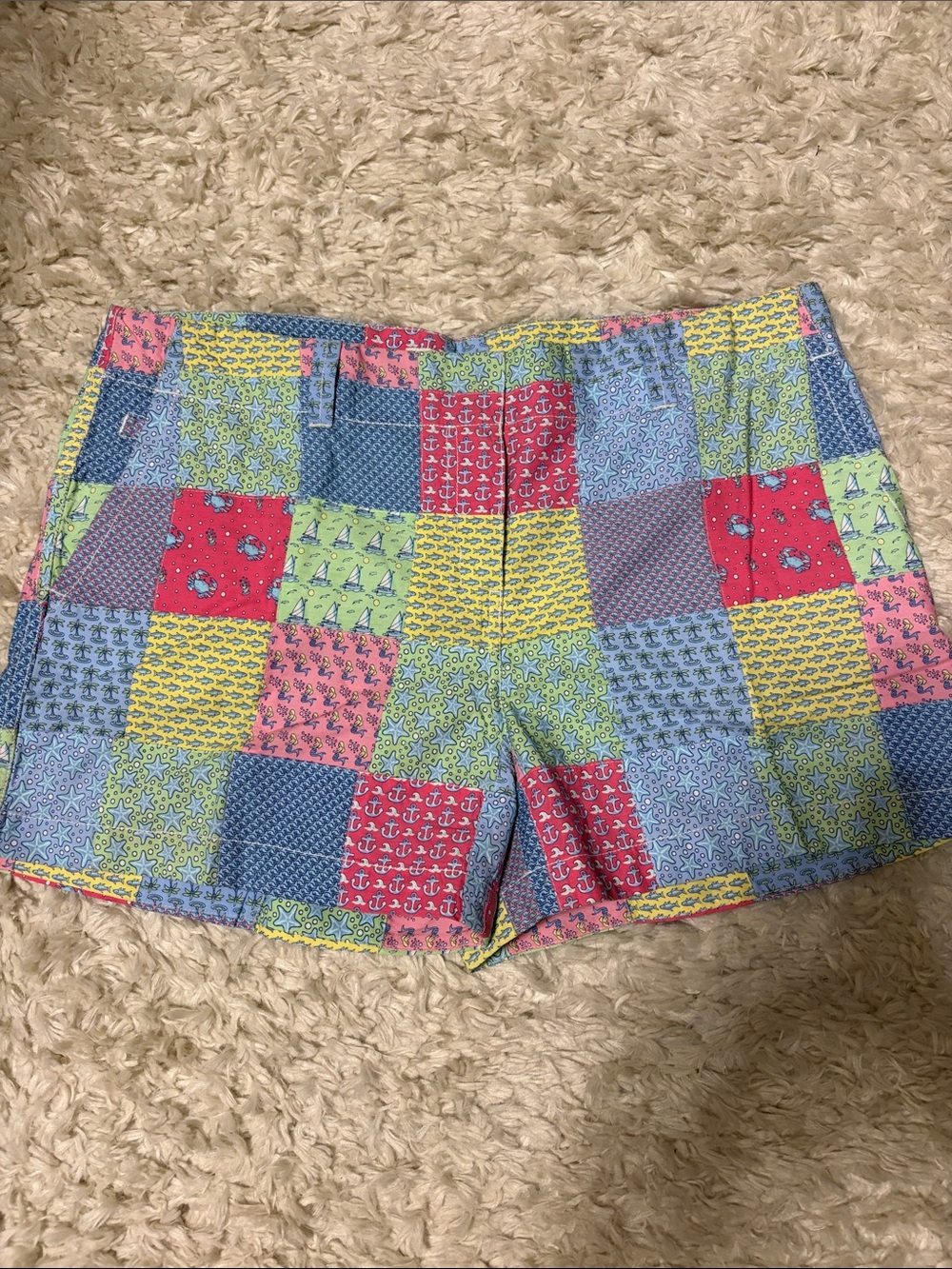 Vineyard Vines Patchwork Shorts with Coral, Light Blue & Yellow Panels
